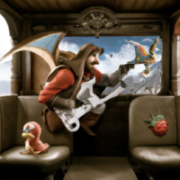 Super Mario dressed as a medieval knight riding a pterodactyl in the back of a bus, Baroque painting