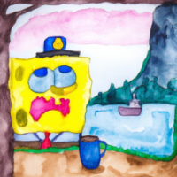 SpongeBob SquarePants dressed as a mailman drinking a cup of coffee in a mountainside scene, watercolors by 5 year old