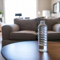 A water bottle centered on top of a coffee table in front of a sofa in a brightly lit living room