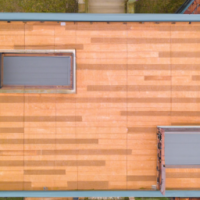 aerial view of a composite decking area of a house